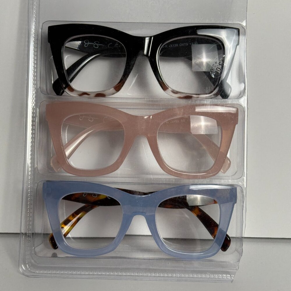 Jessica Simpson  Readers. Light blue, light pink, black frames. 3.0 strength.